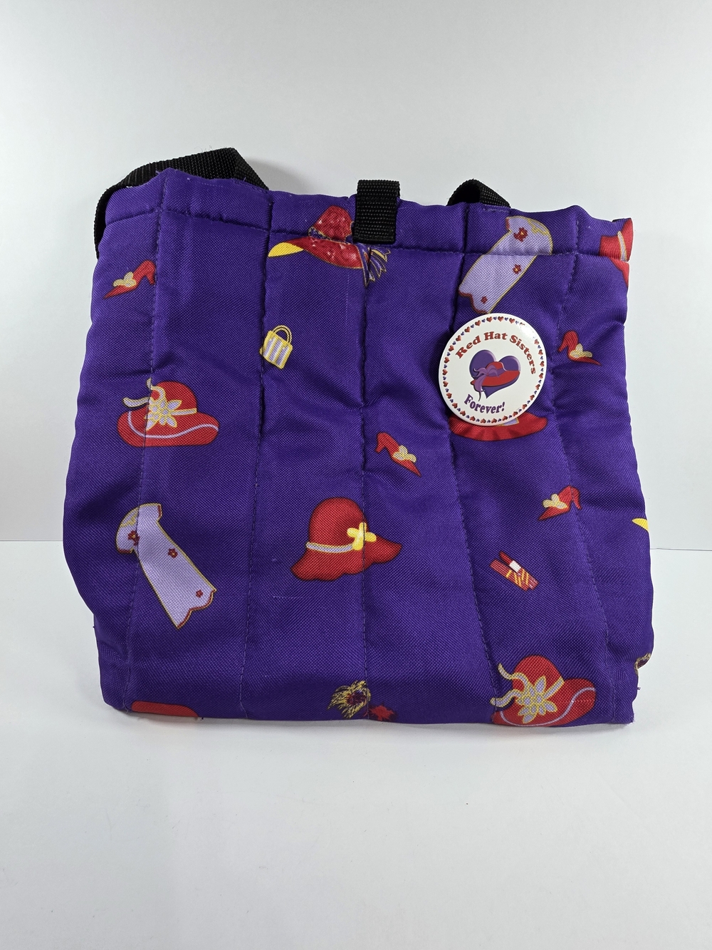 Vintage Quilted Purple Red Hat Society Tote Purse Bag With Button